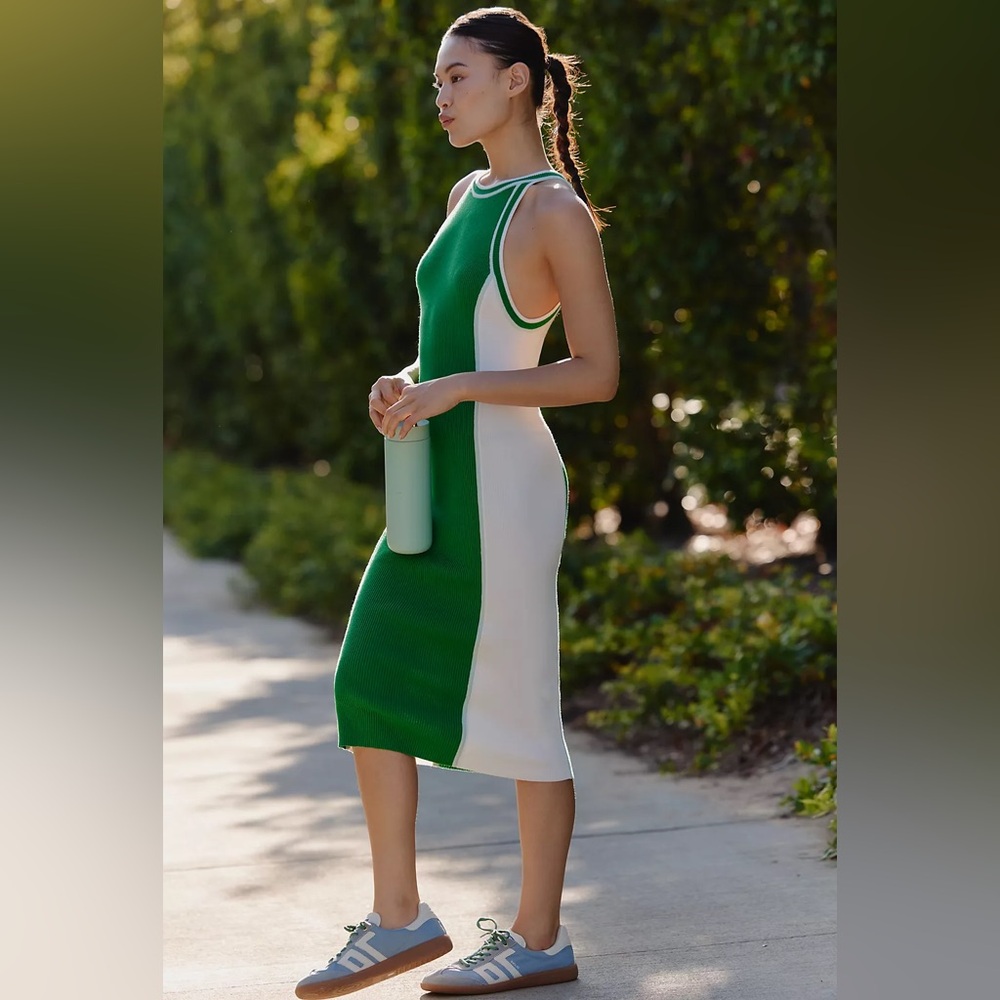 Anthropologie Green & White Colorblock Racerback Midi Dress